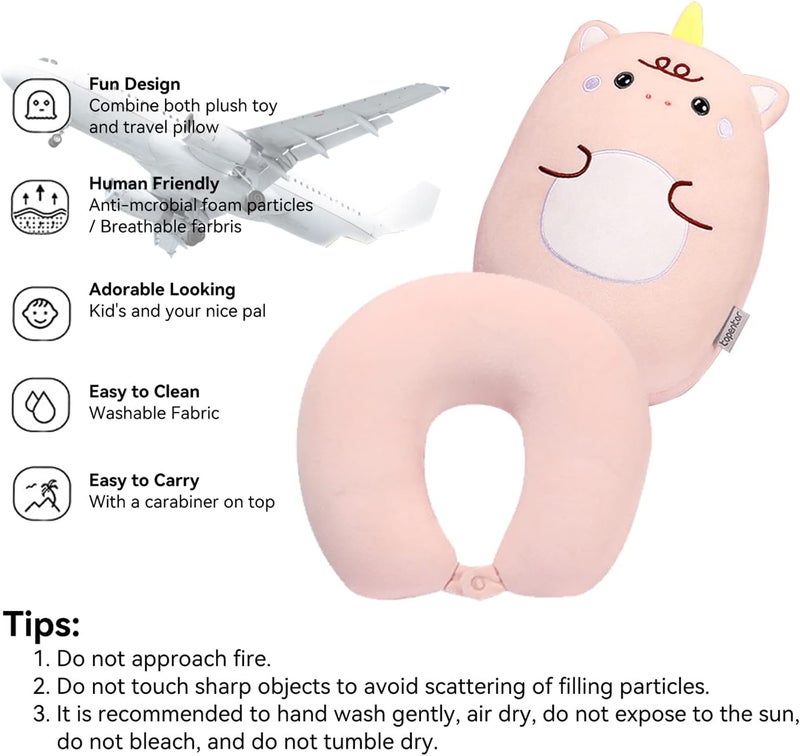 stocaggio Kids Travel Pillow - 2-in-1 Deformable Kids Neck Pillow for Traveling, Soft U-Shaped Pillow with Adorable Animal Design, Comfy Sleep and Play, Ideal for Airplanes and Cars - Pink Unicorn - Image 3